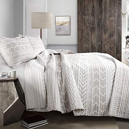  Hygge Geo Reversible 3 Piece Cotton Duvet Set, King, Gray & White