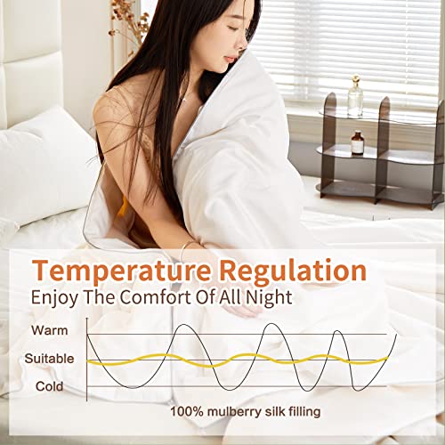  Pure Mulberry Silk Comforter King Size For All Season,100% Natural Long Strand Silk Fill Duvet, Luxury Mulberry Silk Bedding, Noiseless Cotton Shell (White)