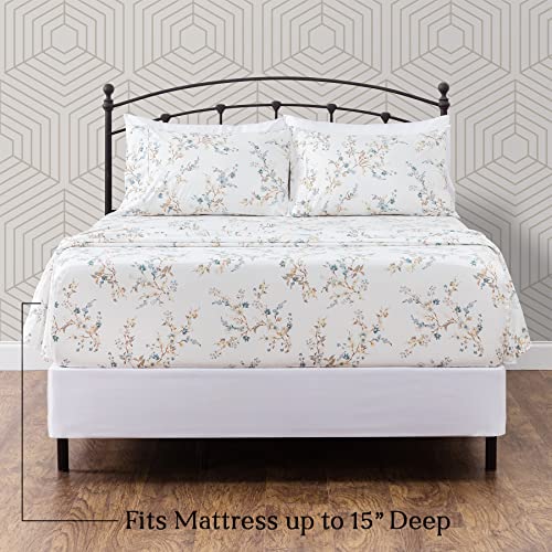  Traditional Floral Printed Elegant Patterned King Bed Sheet Set 4-Piece - 1 Flat Sheet 1 Fitted Sheet And 2 Pillowcases - Ultra Soft Wrinkle Stain Resistant Microfiber Sheets - Blue