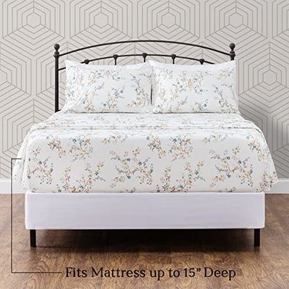  Traditional Floral Printed Elegant Patterned King Bed Sheet Set 4-Piece - 1 Flat Sheet 1 Fitted Sheet And 2 Pillowcases - Ultra Soft Wrinkle Stain Resistant Microfiber Sheets - Blue