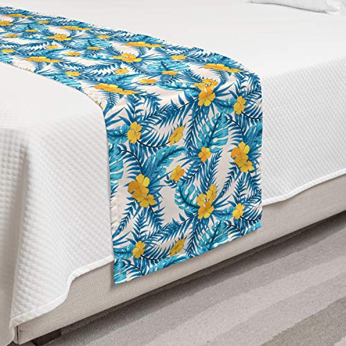  Ambesonne Tropical Bed Runner Set, Exotic Leaves And Flowers Pattern Abstract Rainforest Elements Illustration, Decorative Bedding Scarf And 2 Pillow Shams For Hotels Homes, Blue Yellow Ivory