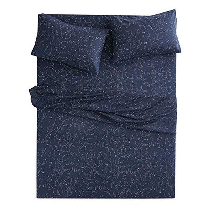  Wake In Cloud - Constellation Sheet Set, Navy Blue With White Space Stars Pattern Printed, Soft Microfiber Bedding (4pcs, Full Size)