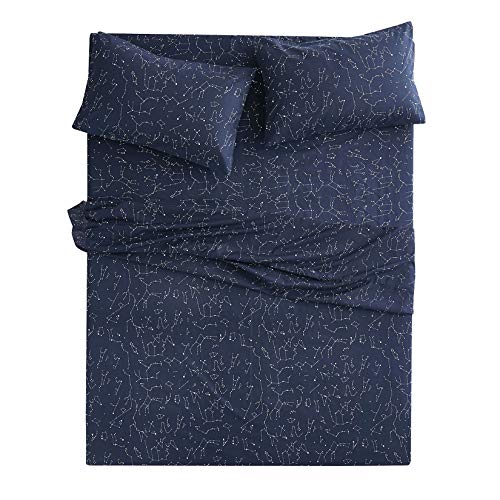  - Constellation Sheet Set, Navy Blue With White Space Stars Pattern Printed, Soft Microfiber Bedding (4pcs, Twin Size)