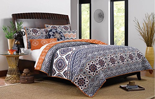  Finely Stitched Boho Chic Moroccan Paisley Pattern Grey Orange Cotton 3 Piece King Size Quilt Bedding Set - Includes Bed Sheet Straps