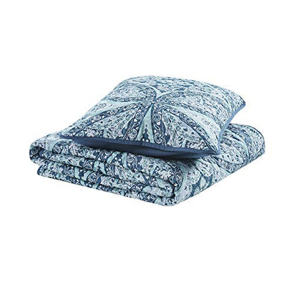  Reversible Quilt Set-Vermicelli Stitching Design All Season, Lightweight, Coverlet Bedspread Bedding, Matching Shams, Twin/Twin XL (66 In X 90 In), Gloria Damask Aqua 2 Piece