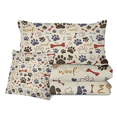  Sleepwish Brown Dog Paw Bone Comforter Set Kids Dog Paw Prints Bedding Set For Kids Children Bedspreads 4Pcs King Size Dog Lovers Gifts For Women Kids Men