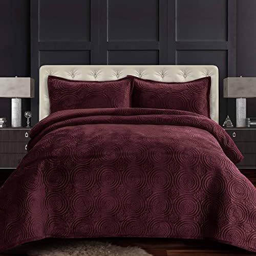  Tribeca Living Oversized Velvet Quilt, Three Piece Queen Bed Set, 260GSM Soft Velvet Quilted Set Includes One Quilt & Two Sham Pillowcases, Capri Emerald Green