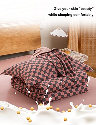 LLanCL King Bed Comforter Set,Down Alternative All Season Reversible Comforter-Quilted Duvet Insert With Corner Tabs-Round Stitched-Breathable, Soft, Fluffy(Pink/Grey Checked, 3pcs)