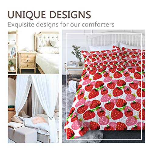  BlessLiving Strawberry Comforter Kawaii Strawberry Bedding Set Twin/Twin XL, Pink Red Fruit Quilted Set, Cute Bedspread For Kids Girls, Soft And All Season Blanket, 3 Pcs, 1 Comforter 2 Pillow Shams