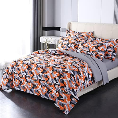  Camouflage Comforter Set For Boys Queen Size Bedding Sets Twin Size,7 Pieces Bed In A Bag For Kids Teens Adults, Marble Bedding Comforter Sheet Set,Orange