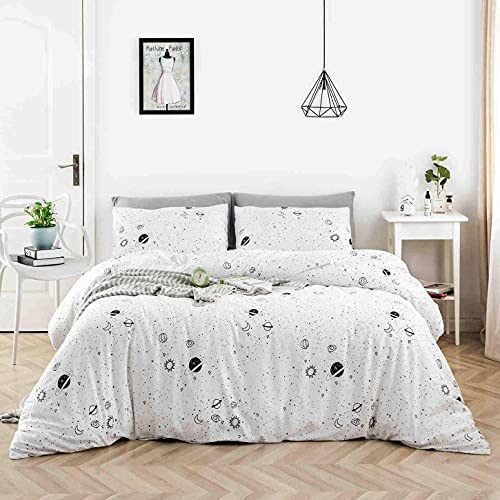  White Celestial Duvet Cover Queen 100% Cotton Cute Planet Duvet Cover 3 Pieces Set 1 Galaxy Star Pattern Duvet Cover With Zipper Ties 2 Pillowcases Luxury Soft Celestial Bedding Set Durable