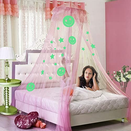  Bed Canopy For Girls Bedroom Decor With Fluorescent Stars Glow In Dark Mosquito Net Canopy Bed Curtains (Pink-Smile)