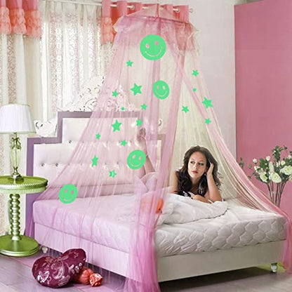  Bed Canopy For Girls Bedroom Decor With Fluorescent Stars Glow In Dark Mosquito Net Canopy Bed Curtains (Pink-Smile)