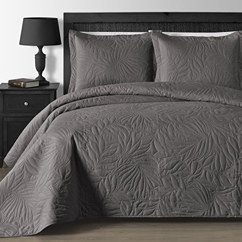  Comfy Bedding Extra Lightweight And Oversized Thermal Pressing Leafage 3-Piece Coverlet Set (Full/Queen, Navy Blue)