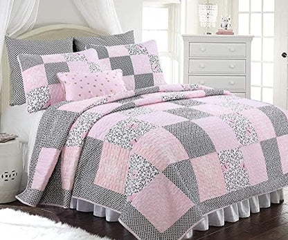  Cozy Line Home Fashions 100% Cotton Real Patchwork Floral Pink Rose Shabby Chic Girly Reversible Quilt Bedding Set, Coverlet Bedspread (La Rosa Rêve, King - 3 Piece)