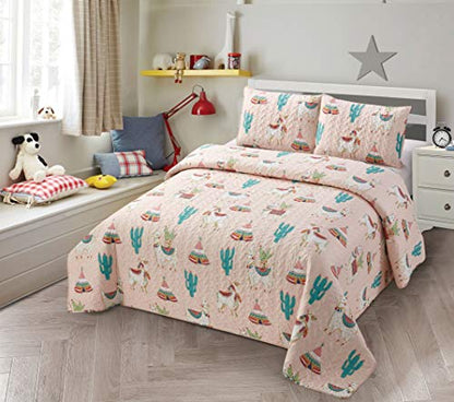  Better Home Style Multicolor Llama Alpaca Cactus Indian Southwest Design Kids/Girls/Toddler 3 Piece Coverlet Bedspread Quilt Set With 2 Shams # Llama (Queen/Full)