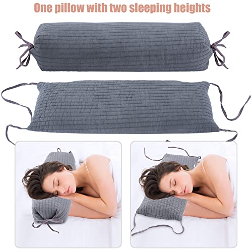  Adjustable Buckwheat Pillow With Washable Cotton Pillowcase, Neck Roll Pillow For Sleeping, Cylinder Cervical Pillow For Neck Pain Relief, Round Support Firm Buckwheat Husk Hull Pillows Grey