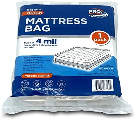  Ro Movers Supplies 1 Pack Queen Size Mattress Bag For Moving And Storage – 4 Mil Reusable Plastic Cover - Tear And Puncture Resistant - Non-Slip Grip - Queen Bed Mattress Cover