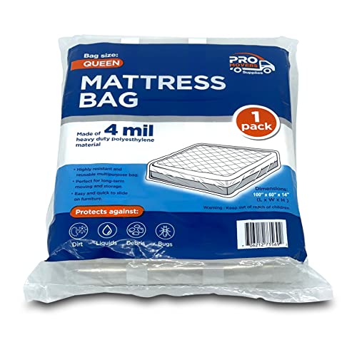  Ro Movers Supplies 1 Pack Queen Size Mattress Bag For Moving And Storage – 4 Mil Reusable Plastic Cover - Tear And Puncture Resistant - Non-Slip Grip - Queen Bed Mattress Cover