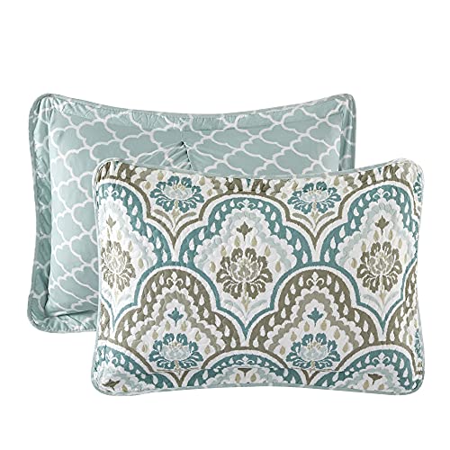  Voli Ikat Oversize 122" X 106" 5 Piece Teal Aqua Printed Prewashed Quilted Coverlet Bedspread Bed Cover Set For All Season, Lightweight Quilt Blanket With Matching Shams Pillows