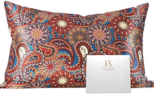  FELYSIK Blue Gray Paisley Silk Pillowcase For Hair And Skin - Queen 20"x30", 22 Momme 100% Mulberry Silk Floral Print Pillow Cases With Zipper