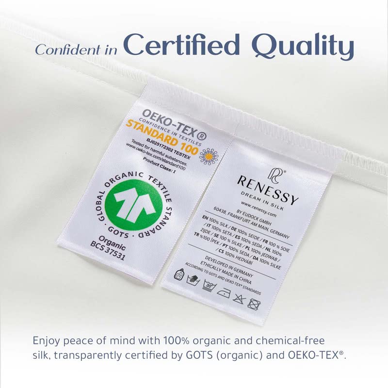  RENESSY Organic Silk Pillowcase - 100% Organic Mulberry Silk, 22 Momme, Naturally Hypoallergenic, Promotes Hair And Skin Health, 1 Piece (Queen Size 20x30 Inches, Natural Silk Off-White)