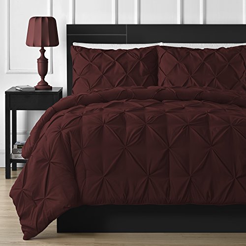 Comfy Bedding Double Needle Durable Stitching 3-Piece Pinch Pleat Comforter Set All Season Pintuck Style, Queen, Burgundy