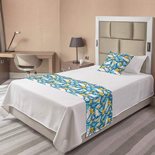  Ambesonne Tropical Bed Runner Set, Exotic Leaves And Flowers Pattern Abstract Rainforest Elements Illustration, Decorative Bedding Scarf And 2 Pillow Shams For Hotels Homes, Blue Yellow Ivory