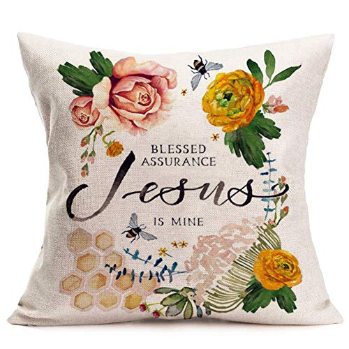  Aremetop Pillow Covers Blessed Assurance Jesus Is Mine Inspirational Sign Cotton Lienn Home Decorative Throw Waist Pillow Case Cushion Cover For Farmhouse Decor,Letters Words With Floral Bee 18’’x18’’