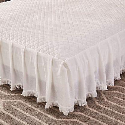  Diamond Quilted Velvet Bedspread Three Sides 18 Inches Deep Ruffles Drop Fitted Sheet Bed Skirt With Tassels Decorative Fringe (White, King)