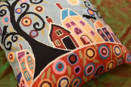  Kashmir Designs Turquoise Tree Of Life Throw Pillow Cover | Karla Gerard Bird Pillows | Blue Flower Pillows | Plant Floral Chair Cushion | Flower Couch Pillow | Hand Embroidered Wool Size - 18x18