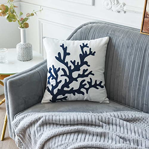  DECOPOW Embroidered Nautical Decor Pillow Cover,Square 18 Inches Decorative Canvas Pillow Cover For Nautical Style Deco By (Navy-Coral)