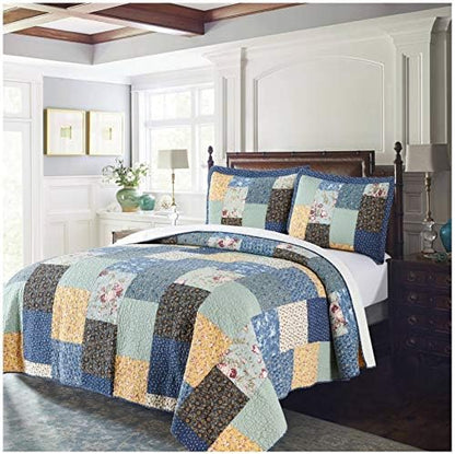  100% Cotton Luxury Decorative Bedspread With Multi Print Floral Patchwork Quilt, Soft & Oversized Coverlet, King 110x96”, Ivory & Brown