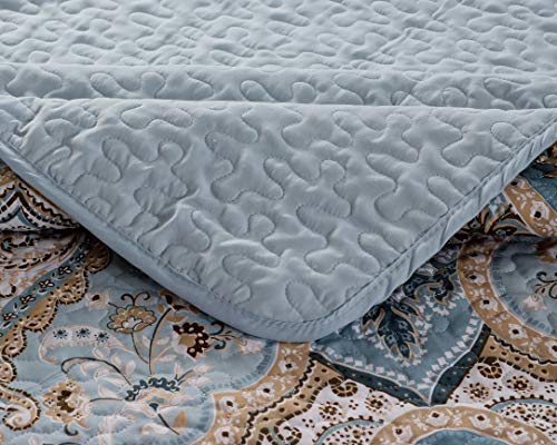  Better Home Style 3 Piece Luxury Lush Soft Blue Taupe Motif Ornamental Floral Printed Design Quilt Coverlet Bedspread Oversized Bed Cover Set # Amanda (Blue, King/Cal-King)