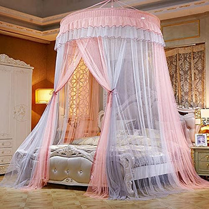 Bed Canopy For Girls - Princess Elegant Lace Round Sheer Mesh Bed Curtains - Canopy For Girls Room Bedding Net For Twin Full Queen King Size (Pink And Blue)