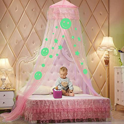  Bed Canopy For Girls Bedroom Decor With Fluorescent Stars Glow In Dark Mosquito Net Canopy Bed Curtains (Pink-Smile)