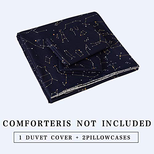  ECOCOTT Duvet Cover Queen, 100% Natural Cotton 1 Duvet Cover +2 Pillowcases Bedding Set,Navy And Cosmic Constellation Reversible Printed Pattern Soft Cozy Breathable And Durable Duvet Cover Set