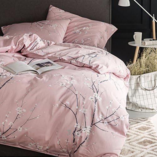  Japanese Oriental Style Cherry Red Blossom Floral Branches Print Duvet Quilt Cover 300tc Cotton Bedding 3 Piece Set (Queen, Charcoal)