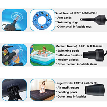  Electric Air Pump, Air Mattress Portable Pump For Inflatables Couch, Pool Floats, Blow Up Pool Raft Bed Boat Toy, Snow Tube, AC Inflator/Deflator With 3 Nozzles, 130W