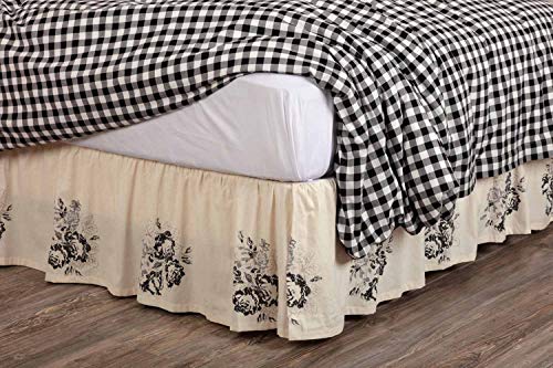  Lydia Black Floral Queen Bed Skirt, 16" Drop, Vintage Farmhouse Boho Style Flower Print Bedding, Cream & Black Dust Ruffle