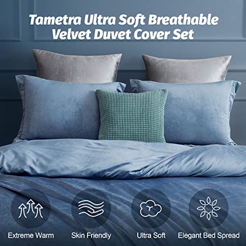  Duvet Cover Queen Size, Ultra Soft Velvet Duvet Cover Set With Zipper Closure, Plush Velvet Duvet Cover Brushed Microfiber Bedding, 1 Duvet Cover 90"x90" And 2 Pillow Shams (Blue)