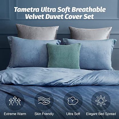  Duvet Cover Queen Size, Ultra Soft Velvet Duvet Cover Set With Zipper Closure, Plush Velvet Duvet Cover Brushed Microfiber Bedding, 1 Duvet Cover 90"x90" And 2 Pillow Shams (Blue)