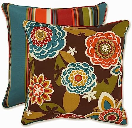  Pillow Perfect Reversible Floral Stripe Outdoor Throw Accent Pillow, Plush Fill, Weather, And Fade Resistant, Large Square - 18.5" X 18.5", Brown/Orange Annie, 2 Count