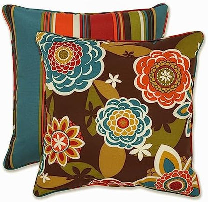  Pillow Perfect Reversible Floral Stripe Outdoor Throw Accent Pillow, Plush Fill, Weather, And Fade Resistant, Large Square - 18.5" X 18.5", Brown/Orange Annie, 2 Count