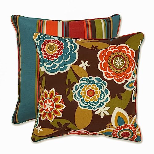  Pillow Perfect Reversible Floral Stripe Outdoor Throw Accent Pillow, Plush Fill, Weather, And Fade Resistant, Large Square - 18.5" X 18.5", Brown/Orange Annie, 2 Count