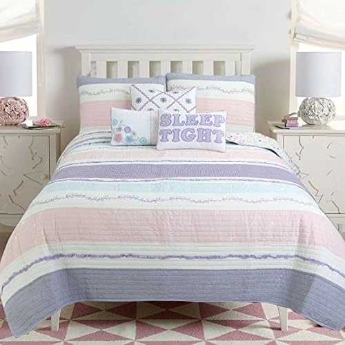  Cozy Line Home Fashions Pink Flower Lace Ruffle Stripe Shabby Chic Girl 100% Cotton Reversible Quilt Bedding Set, Coverlet, Bedspread (Pink Lace, Twin - 2 Piece: 1 Quilt + 1 Sham)