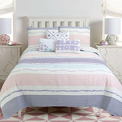  Cozy Line Home Fashions Pink Flower Lace Ruffle Stripe Shabby Chic Girl 100% Cotton Reversible Quilt Bedding Set, Coverlet, Bedspread (Pink Lace, Twin - 2 Piece: 1 Quilt + 1 Sham)