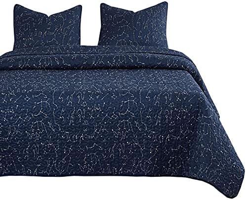  - Constellation Quilt Set, Navy Blue With White Space Stars Pattern Printed, Soft Microfiber Bedspread Coverlet Bedding (3pcs, Queen Size)