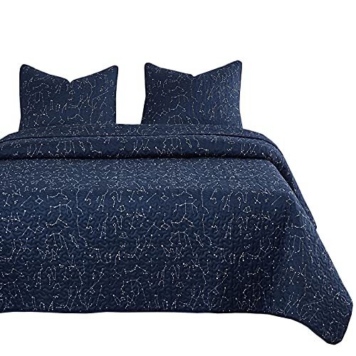  - Constellation Quilt Set, Navy Blue With White Space Stars Pattern Printed, Soft Microfiber Bedspread Coverlet Bedding (3pcs, Queen Size)