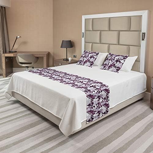  Ambesonne Mandala Bed Runner Set, Circular Pattern Floral And Modern Bohemian Swirling Artwork Print Art, Decorative Bedding Scarf And 2 Pillow Shams For Hotels Homes, King, Purple White